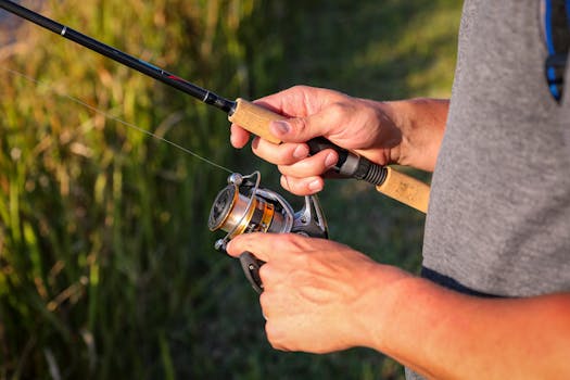 Detailed view of hands gripping a fishing rod, illustrating leisure activity outdoors on a sunny day.