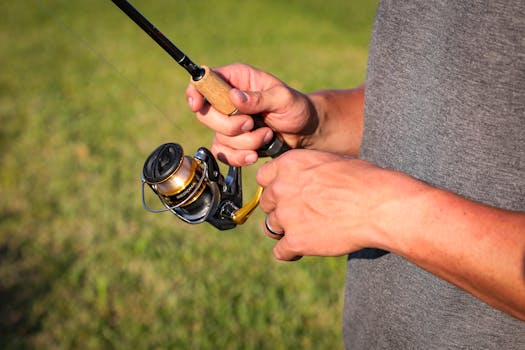 A close-up of hands holding a fishing rod, outdoors on a sunny day, capturing the leisure activity.
