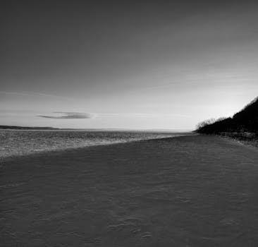 Monochrome image of a tranquil winter beach highlighting the serene coastline in Minnesota.