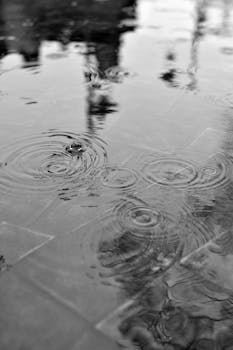 Monochrome photo capturing raindrops forming ripples in a puddle on pavement.