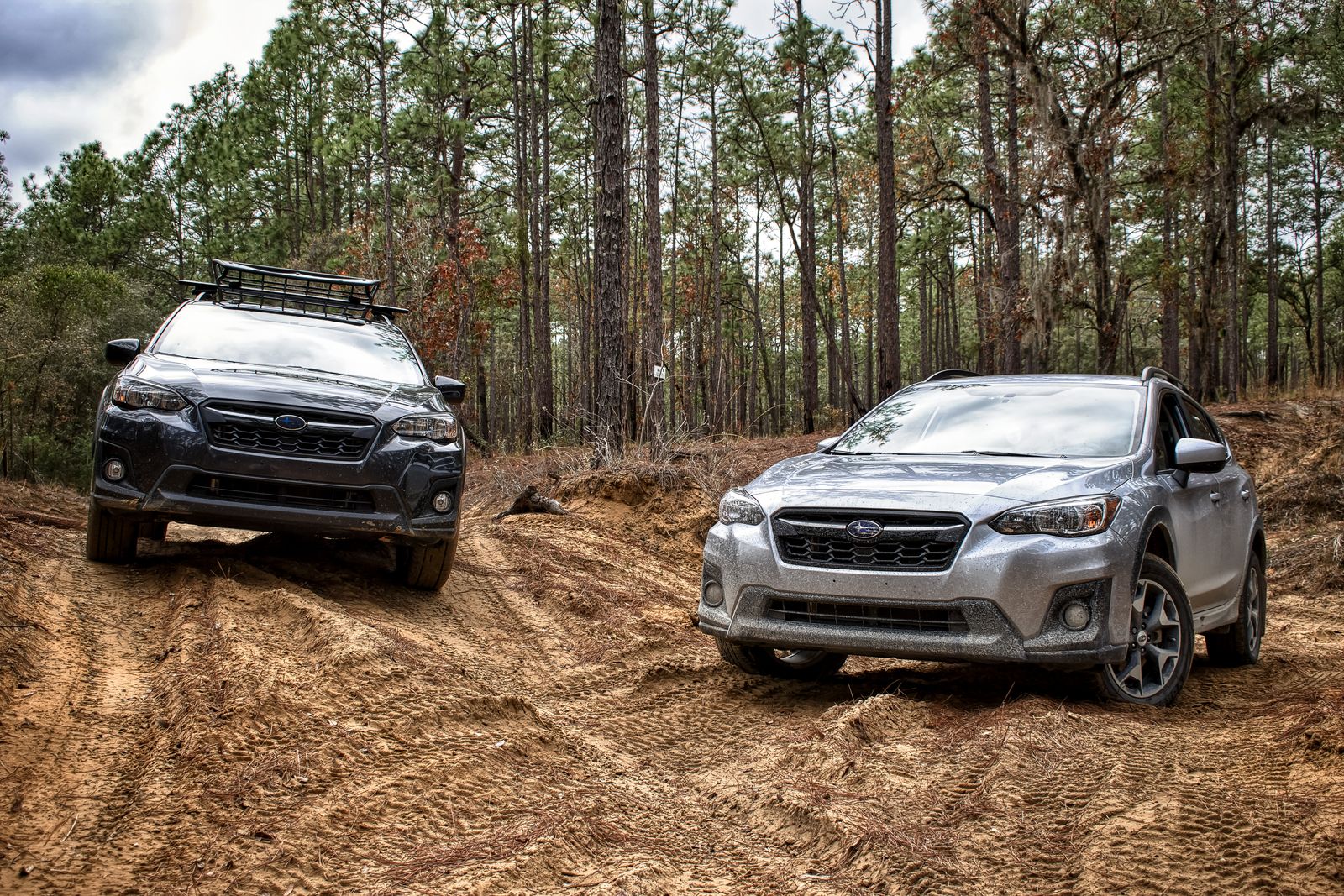 Two Subaru SUVs navigating a muddy forest trail, showcasing off-road capability.