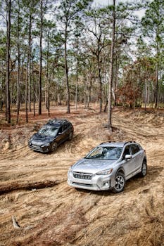 Two SUVs maneuver through a rugged, forested trail on an adventurous day trip.