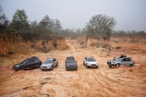 Free Aerial view of five off-road vehicles on a foggy, desert-like terrain surrounded by trees. Stock Photo