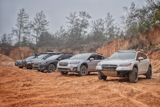 A row of SUVs parked on rough, dusty terrain with trees and a clay backdrop, showcasing adventure and ruggedness.