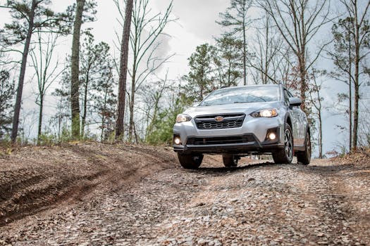 A silver SUV drives on a rocky dirt road through a forest, showcasing off-road capability.