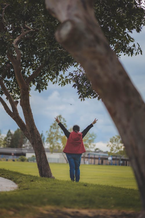 Back View of Person Standing on Green Grass Field Near the Tree