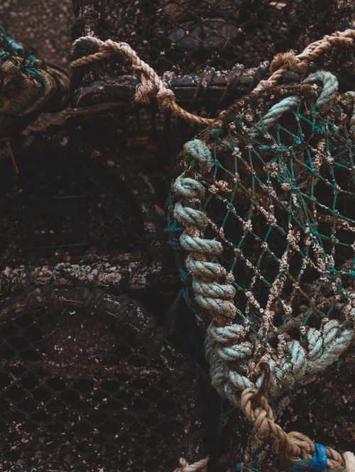 Free Detailed view of fishing nets and ropes, showing textures and wear, ideal for maritime themes. Stock Photo