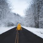 Walker in a yellow jacket on a snowy road — photo by Wandering Bo on Pexels