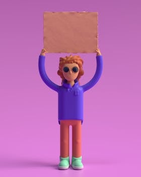 Colorful 3D character holding a blank cardboard sign on purple background. Fun and conceptual artwork.