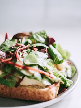 A delicious open-faced sandwich topped with fresh spinach, rich avocado, and crisp vegetables.