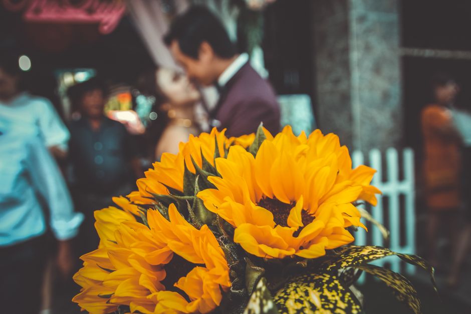 Close-up of sunflowers with a romantic couple in the background at an outdoor wedding.