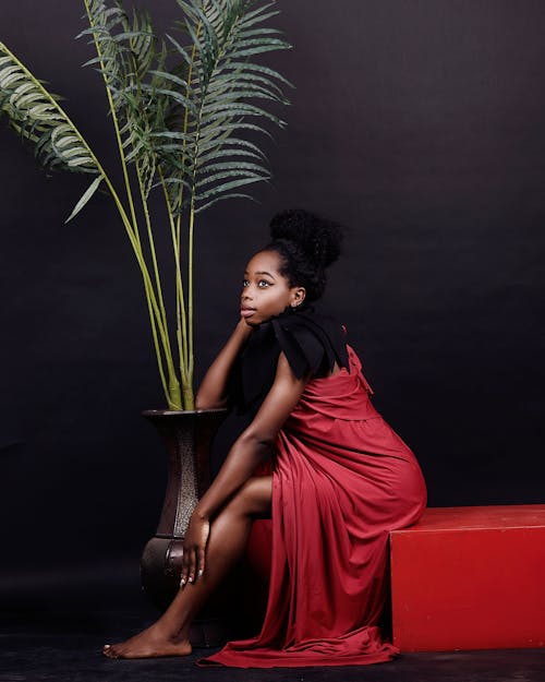 Woman in Red Dress Sitting on Red Couch