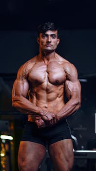 A brawny South Asian bodybuilder flexing muscles in a gym, showcasing strength and masculinity.