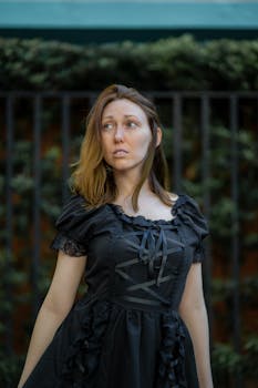 Woman in a stylish black dress posing outdoors with a blurred background.