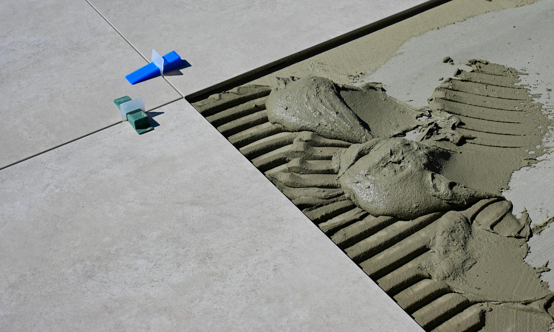 Close-up of wet cement and tile spacers during floor tile installation.