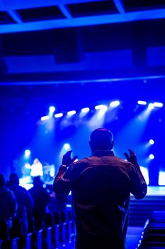 Silhouette of a man in striped shirt enjoying a live concert with vibrant stage lighting.