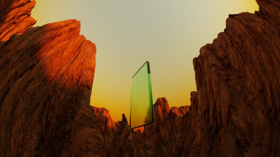 Rendered canyon landscape with a glowing monolith at sunset — photo by Yusuf P on Pexels