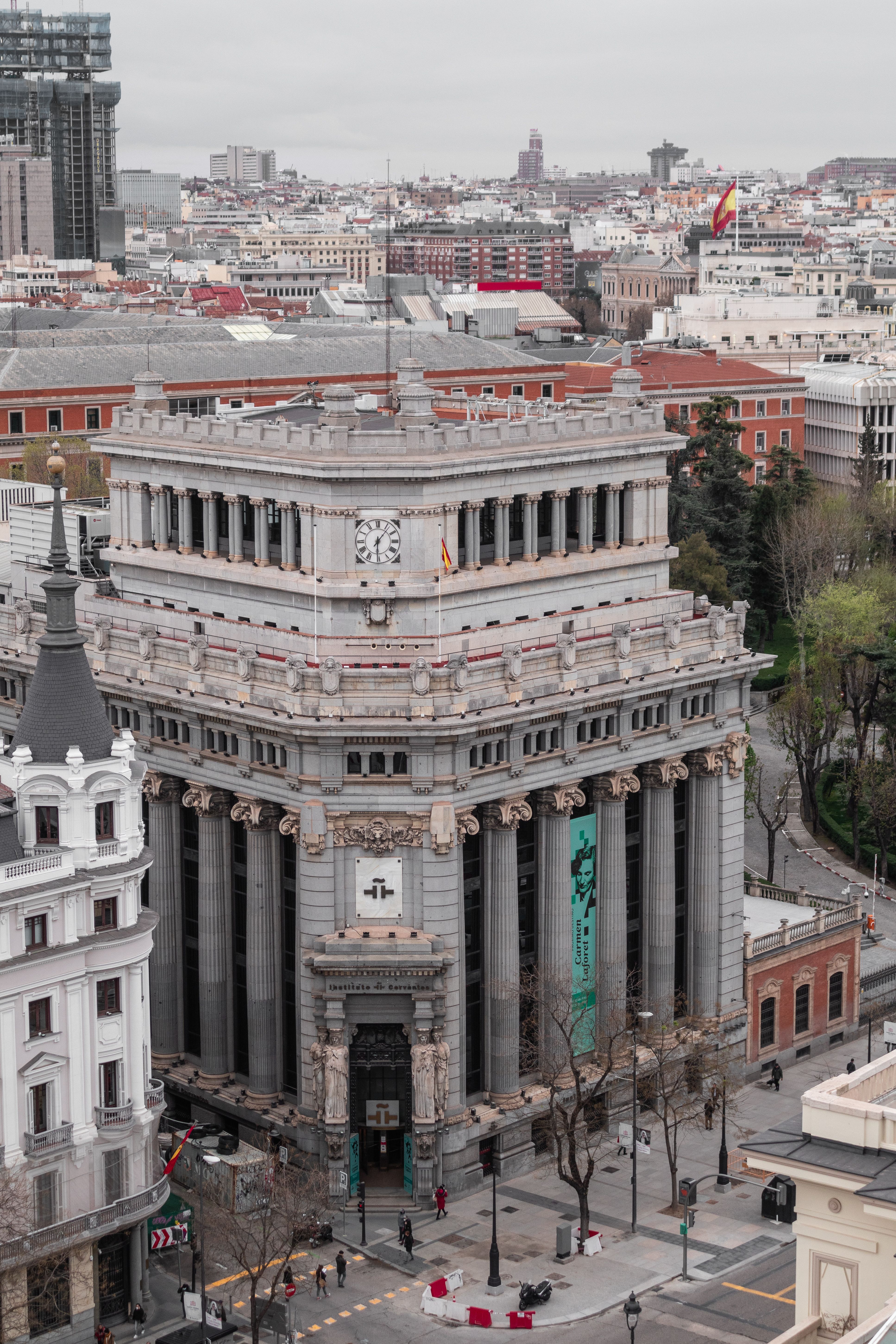 Aerial photo capturing the iconic architecture of a historic building in central Madrid, Spain.