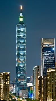 Vibrant night view of Taipei 101 and the skyline in Taipei City, Taiwan.