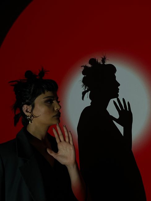 A striking portrait showcasing a woman's silhouette against a dramatic red and white background.