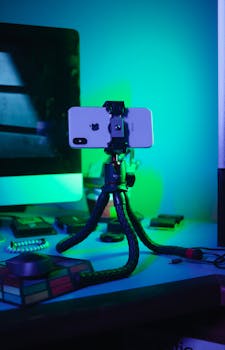 Close-up of a smartphone on a flexible tripod in a tech-savvy workspace.