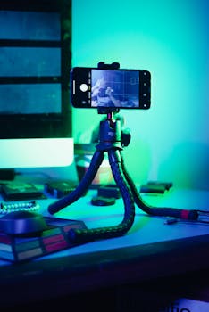 Close-up of a smartphone on a flexible tripod, featuring vibrant green and blue lighting, perfect for tech setups.