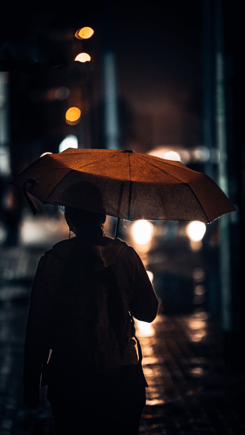 Woman walking with umbrella in a rainy city at night