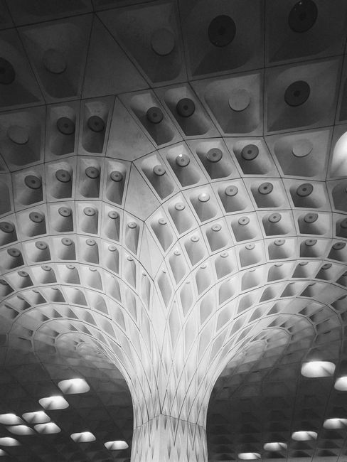Intricate geometric ceiling structure featuring unique architectural design in monochrome.
