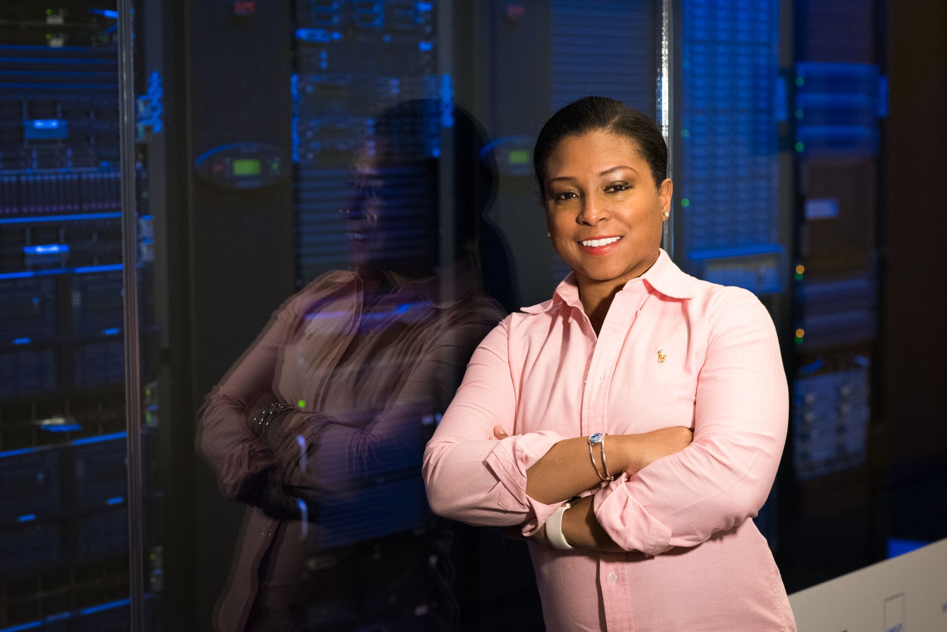 Female Engineer in Pink Dress Shirt