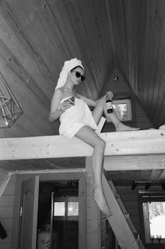 Woman enjoying a casual day in a cabin loft, wrapped in a towel, with pizza and a drink.