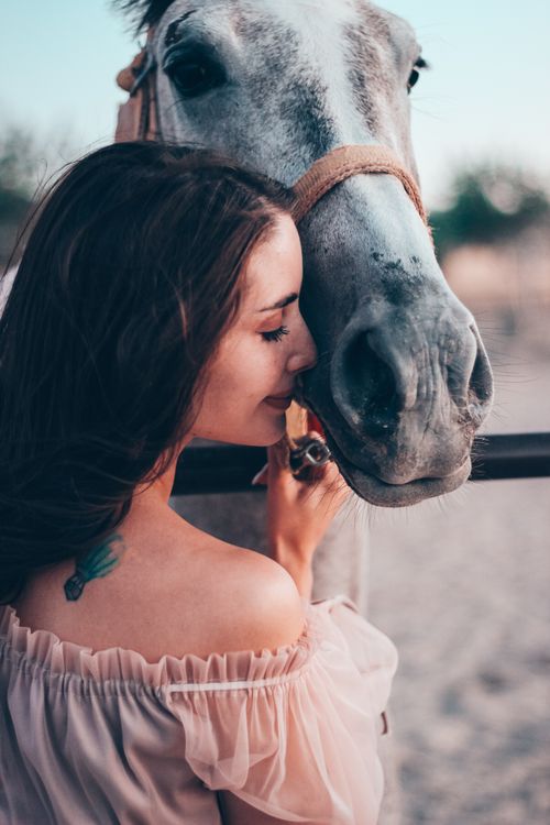 Free A woman warmly embraces a horse in a tranquil outdoor location, symbolizing a deep human-animal bond. Stock Photo