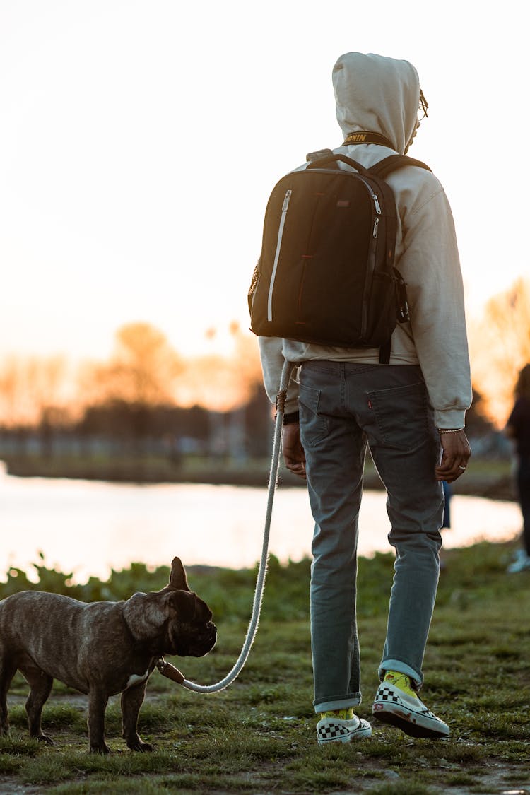 A Man And His Dog Walking On Grassland 