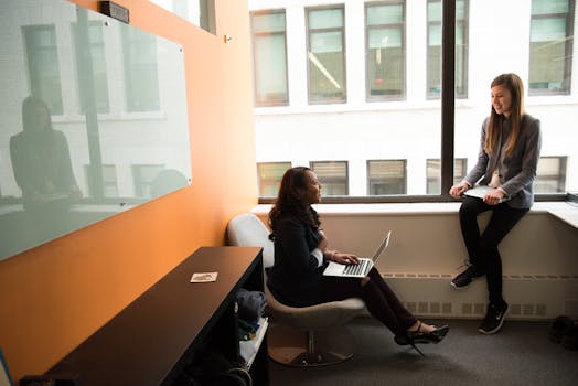 在现代办公环境中，两名妇女正参加商务会议，她们面前摆放着笔记本电脑，窗外是城市景观