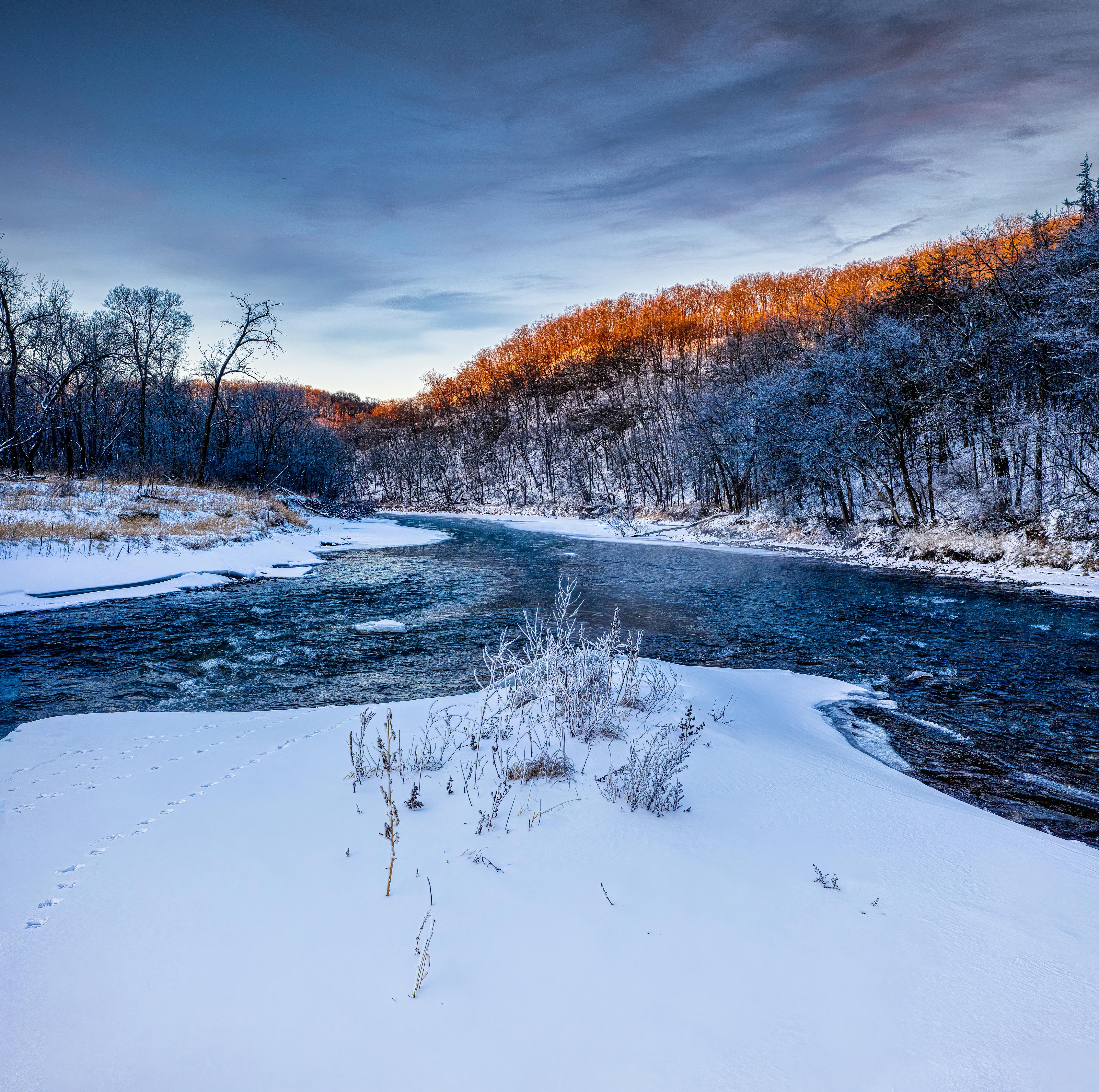 Blue Toned Winter Landscape with Mountain Stream · Free Stock Photo