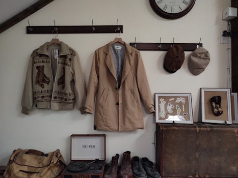 A cozy interior featuring hanging attire and hats, perfect for autumn-inspired decor.