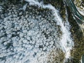 从空中俯瞰，白雪皑皑的森林与河流尽收眼底，冬季的自然美景格外突出