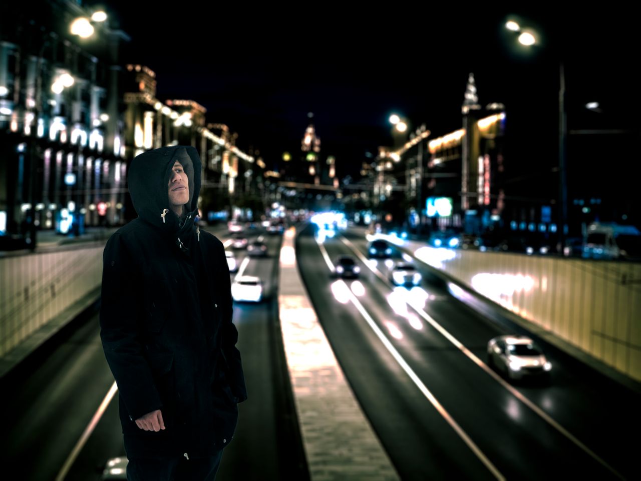 a person in a hooded coat observes a vibrant city street filled with d
