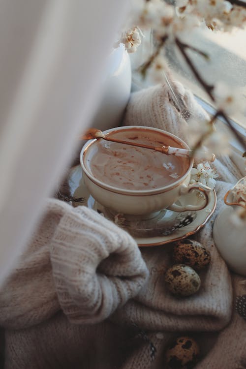 Free Quail Eggs Near a Porcelain Cup  Stock Photo