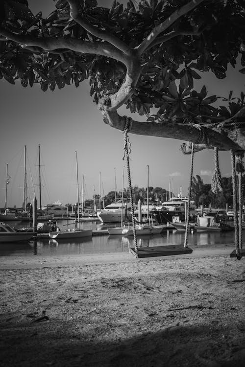 Grayscale Photo of Boats on the Port