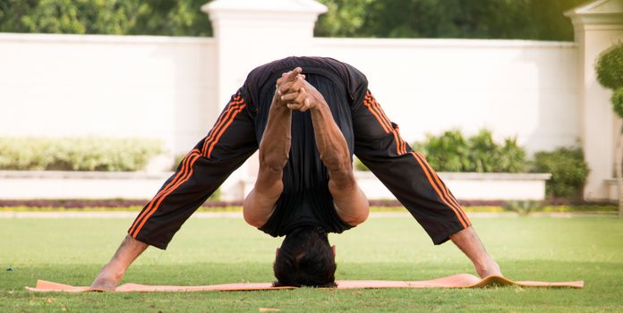 Man performing a yoga headstand on grass in a peaceful outdoor setting, showcasing flexibility and balance.