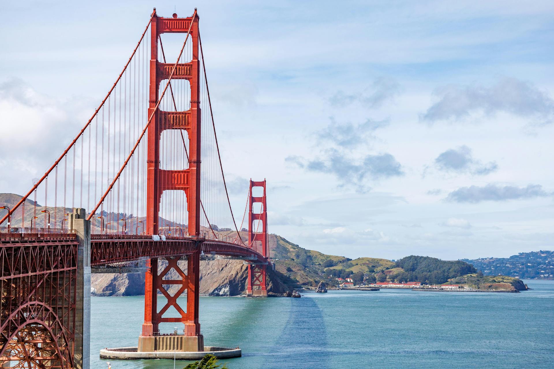 Iconic Golden Gate Bridge spanning San Francisco Bay under clear skies.