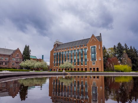 Reflective pond and architectural building on a university campus during spring.