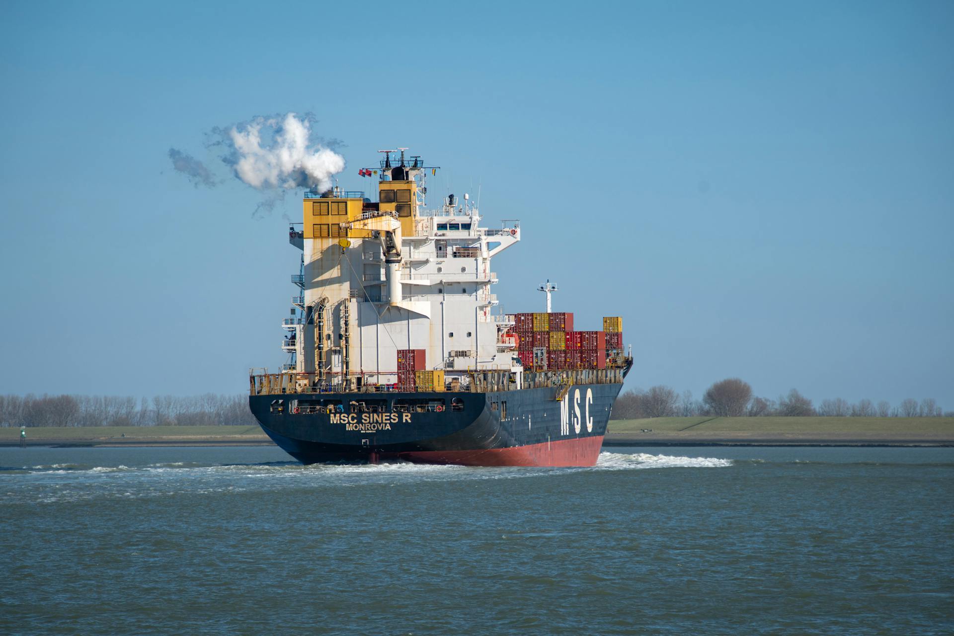Large cargo ship MSC Sines R sails near Terneuzen, Netherlands with clear sky.