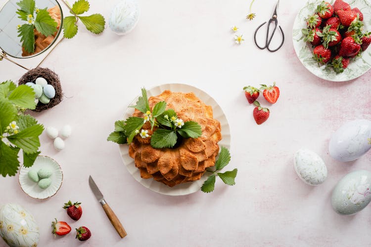 Strawberry Bundt Cake Flatlay For Easter