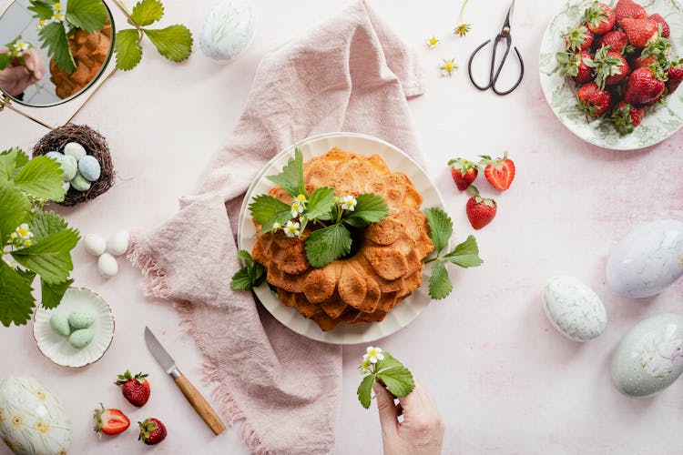 Strawberry Bundt Cake Flatlay For Easter