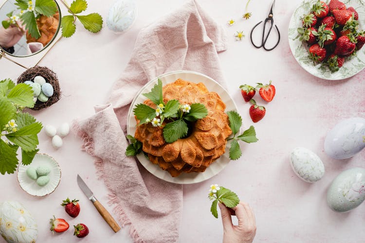 Strawberry Bundt Cake Flatlay For Easter