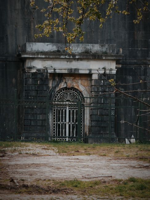 A weathered iron gate against a black stone wall surrounded by nature.