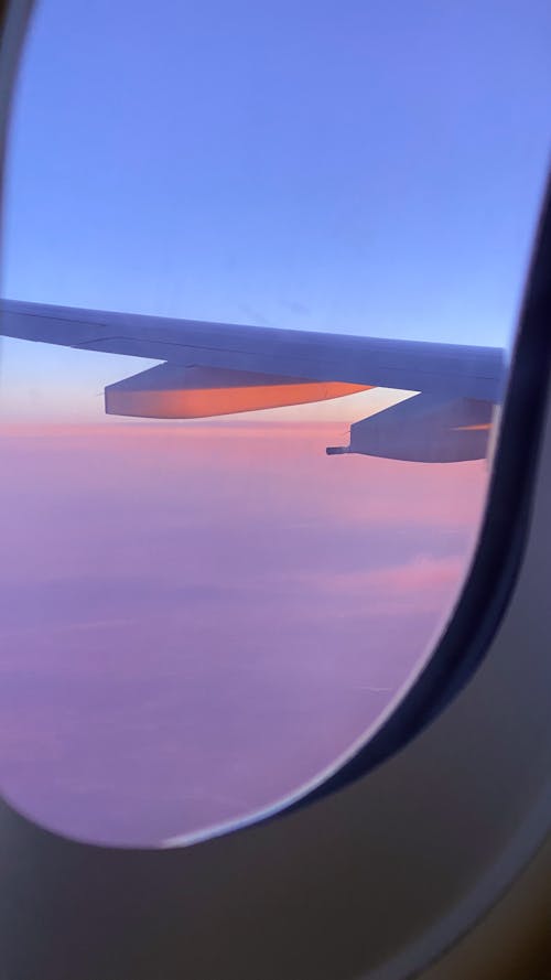 美しい夕日, 飛行機, 飛行機の窓の無料の写真素材