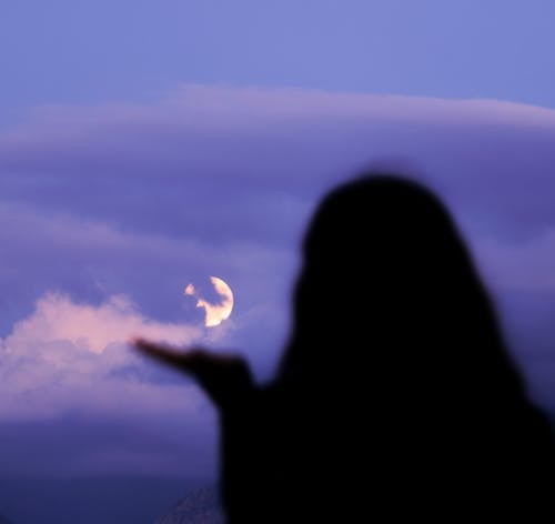 Woman Silhouette and Moon on Sky