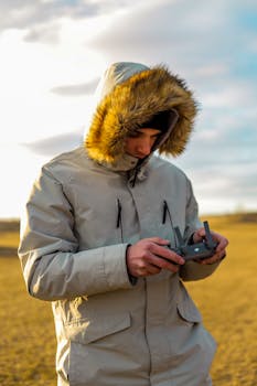 Man in warm clothing operating a drone outdoors in Pärnu, Estonia, during winter.